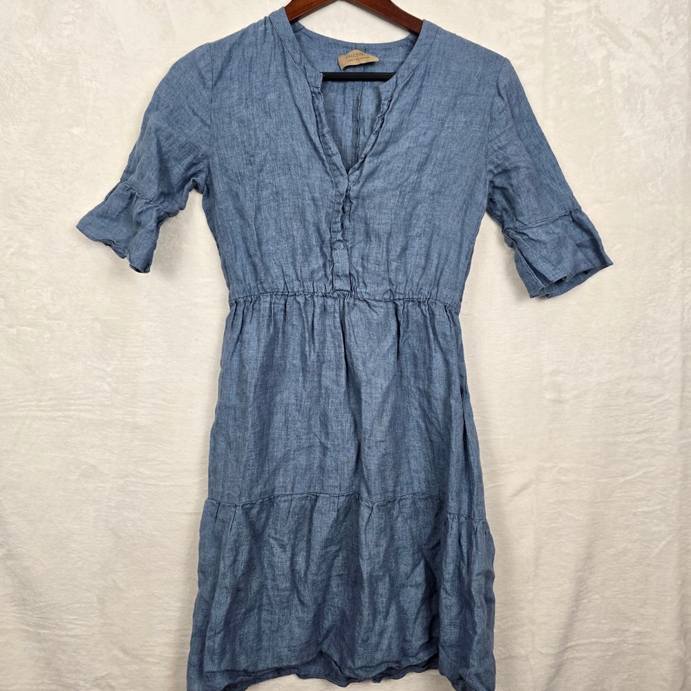 Falconeri Lino Collection Blue 100% Linen Tiered V-Neck Dress Ruffle Sleeve XS
